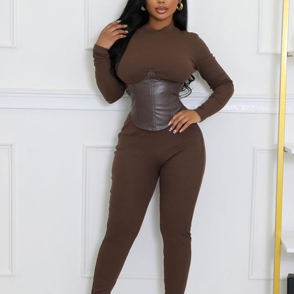 Goodtimeusa Pants - Brown Long Sleeve Jumpsuit with Corset Detail
